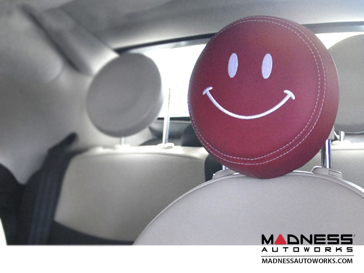 FIAT 500 Headrest Cover Set - Front - Red - White Happy Face Design
